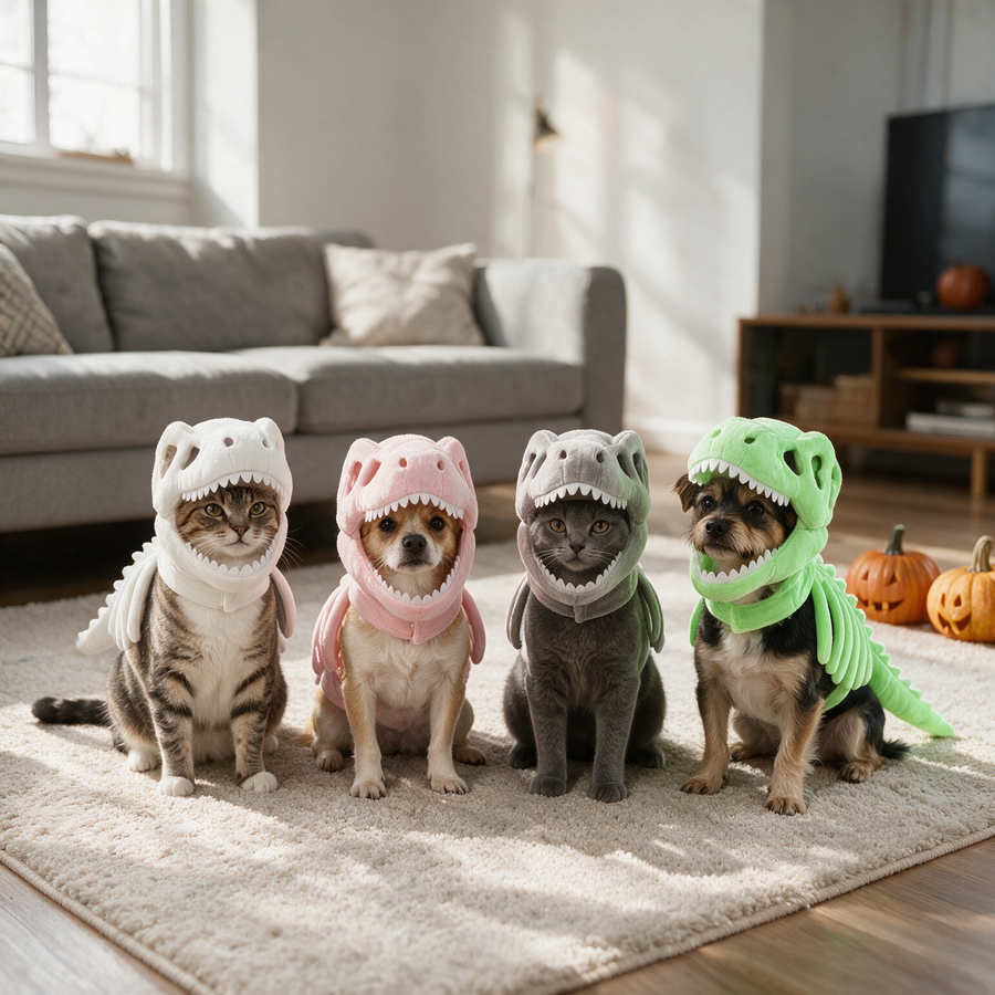 Disfraz de Halloween de esqueleto de T-Rex para perros y gatos en 4 colores: blanco, rosa, gris y verde que brilla en la oscuridad